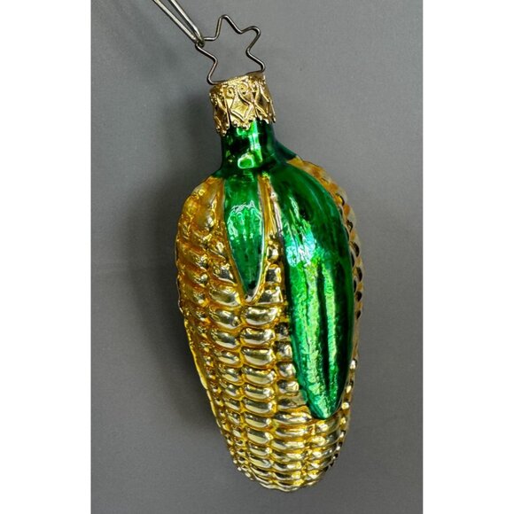 Inge Glass Style Blown Glass Corn Ornament Green & Gold 4" Vintage German - Picture 4 of 6